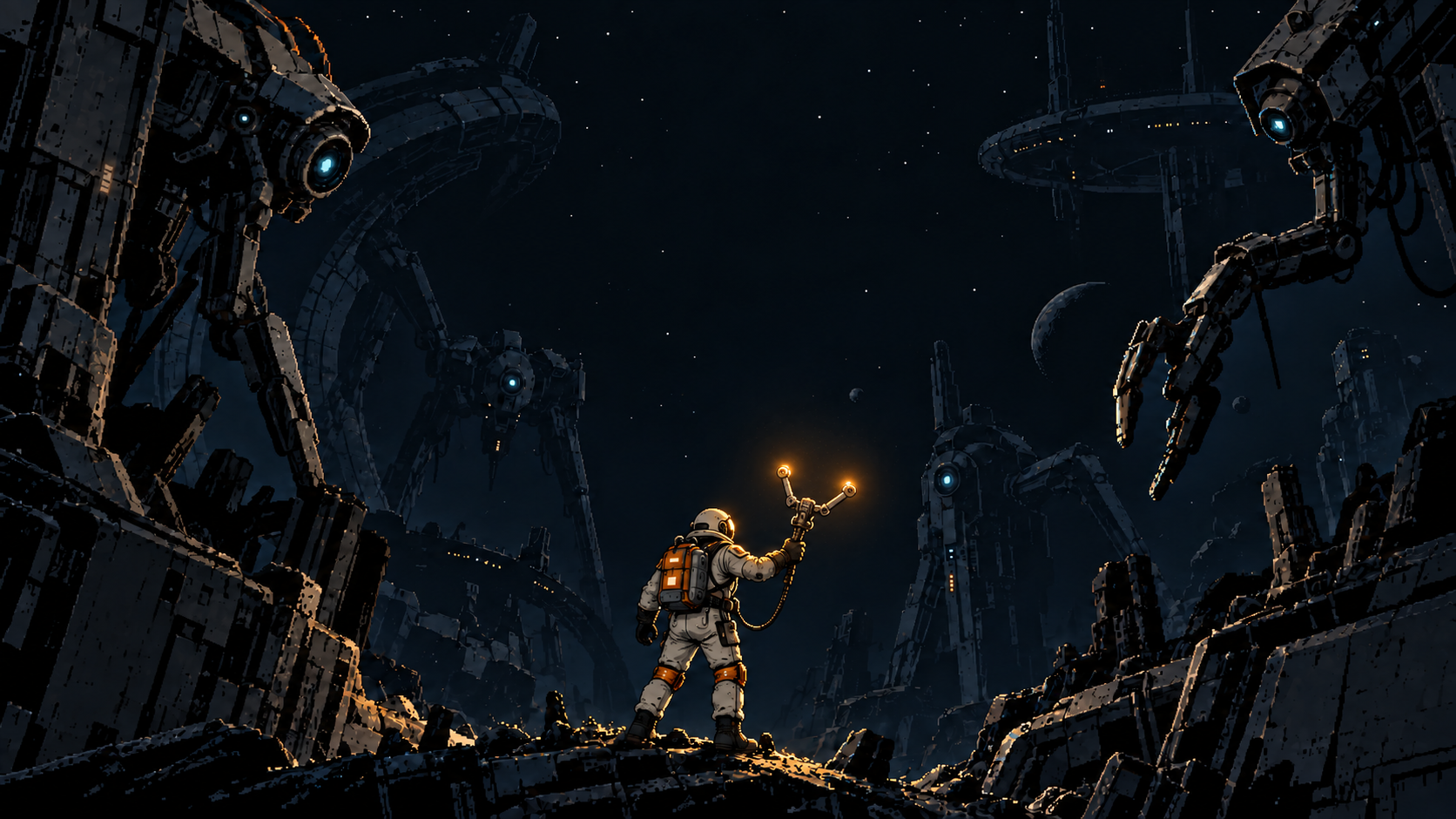 Jack raises his amber grapple beneath towering blue-eyed machines